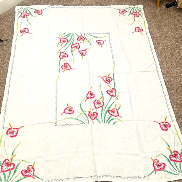 Anthurium Firecracker Tropical Flower vintage embroidered linen tablecloth